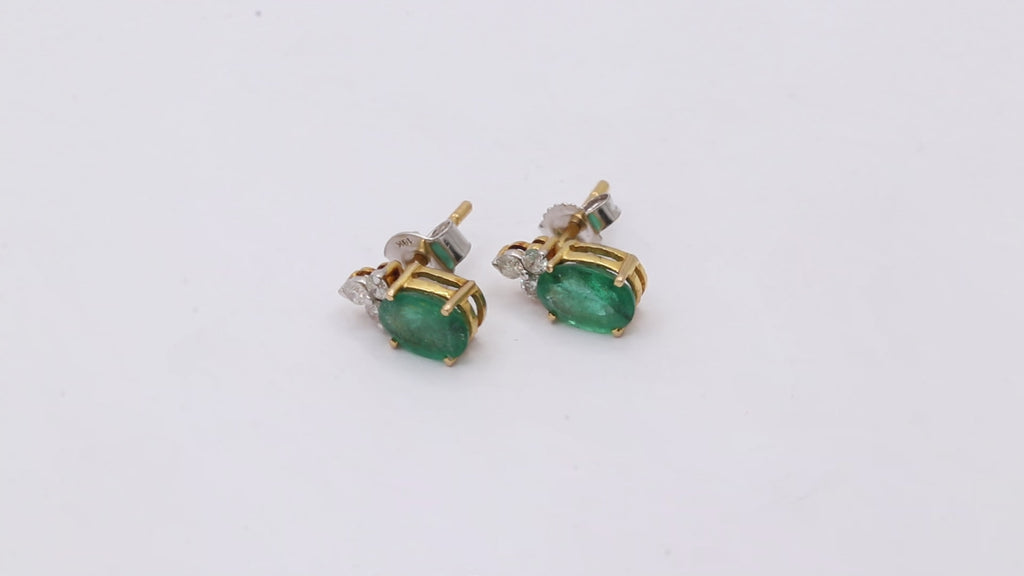 Natural Emerald And Diamond 14k Gold Stud Earring