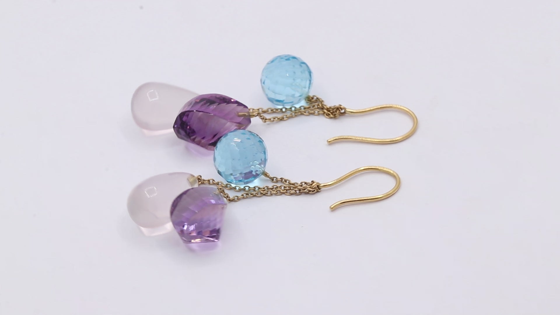 Natural Rose Quartz, Blue Topaz And Amethyst Gemstone Drop Earring In 18k Gold