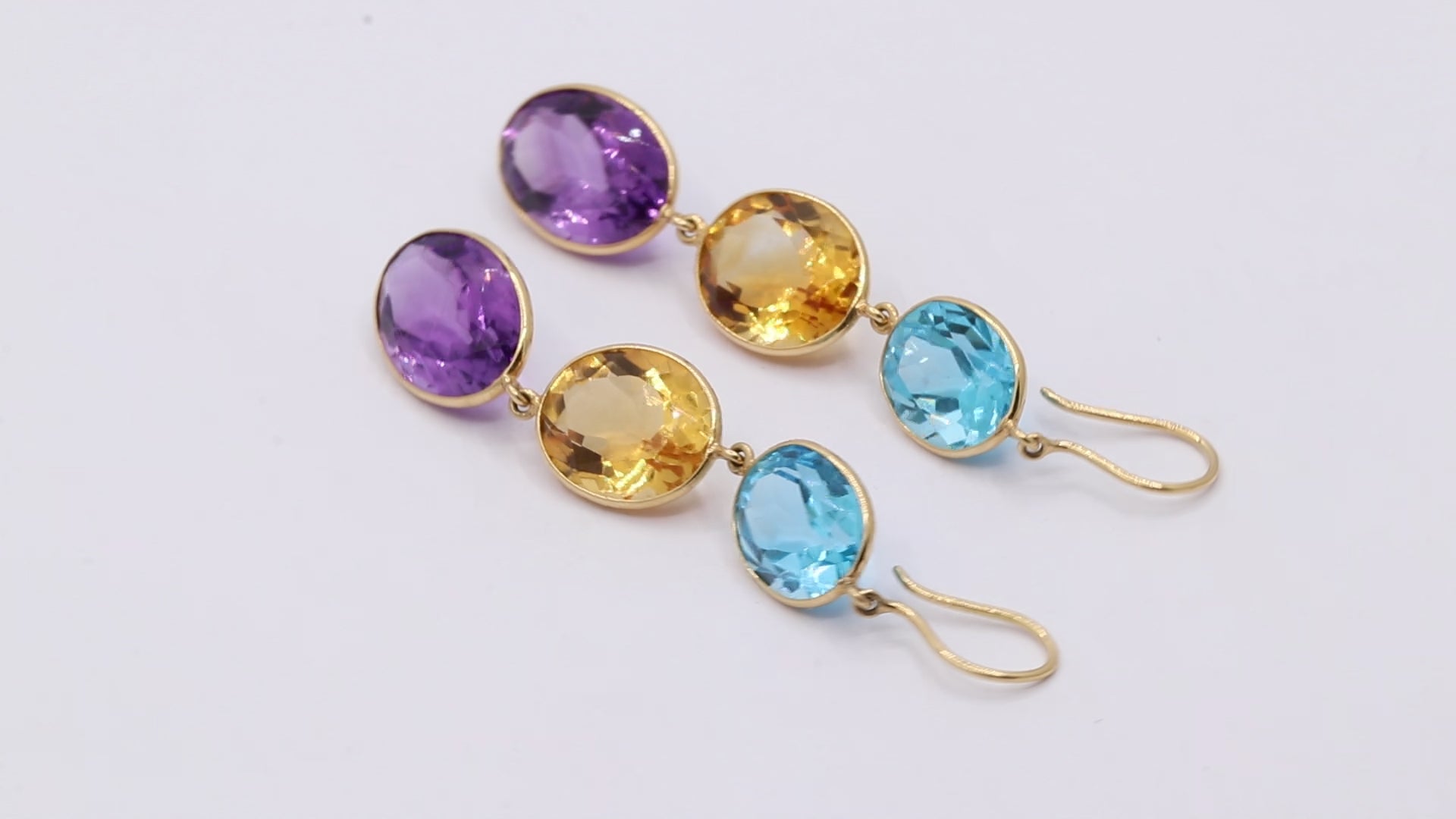 Natural Citrine, Blue Topaz And Amethyst Gemstone Dangle Earring In 18k Gold