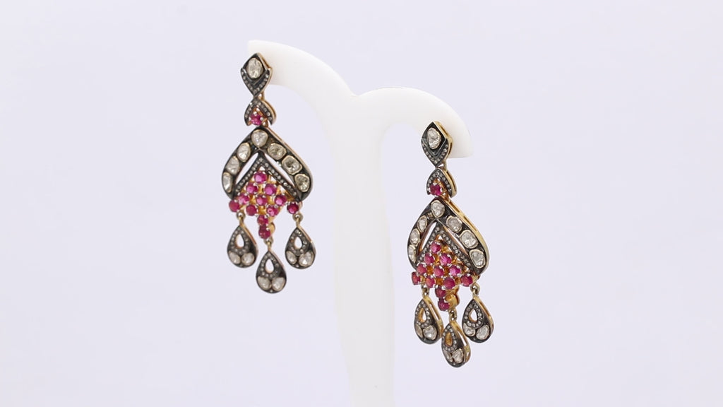 Natural Ruby And Polki Diamond 925 Sterling Silver Gold Plated Drop Dangle Earring