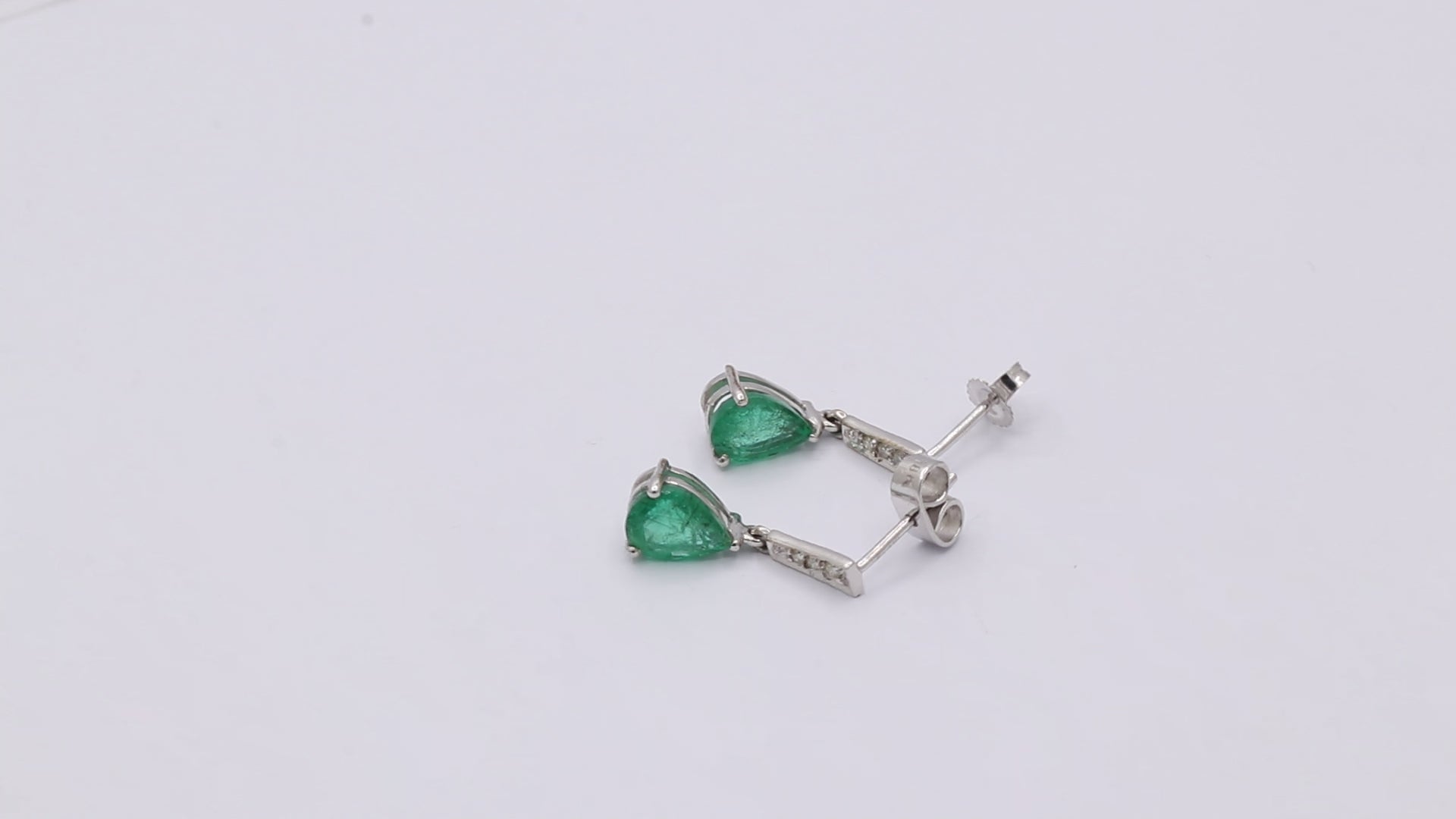 Natural Pear Emerald With Diamond Drop Earrings  In 14k White Gold