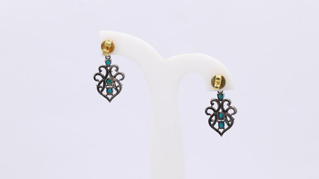 Natural Turquoise And Diamond 925 Sterling Silver Drop Earring