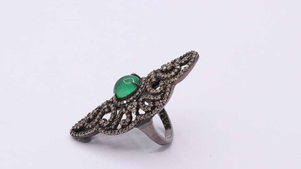 Natural Emerald And diamond 925 Sterling Silver Black Rhodium Ring