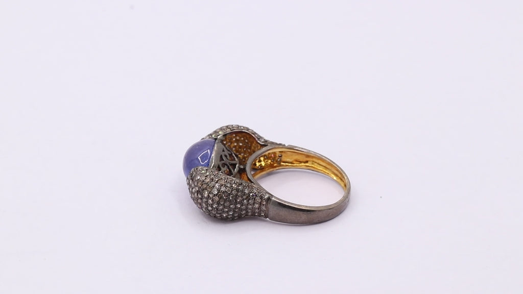 Natural Kyanite & Diamond 925 Sterling Silver Gold Plated Ring