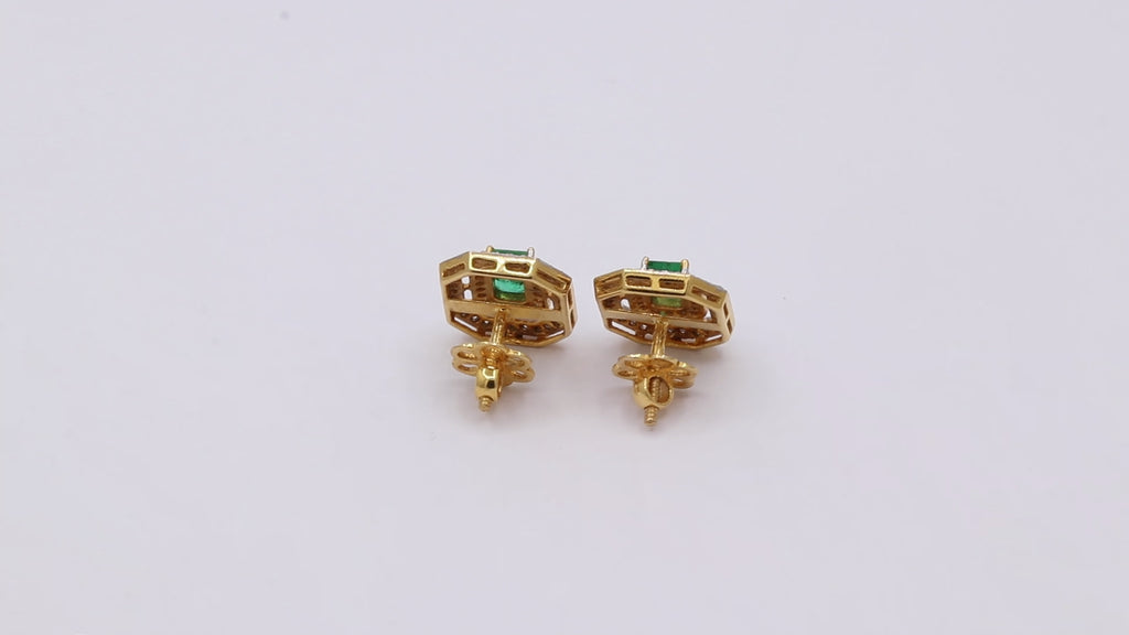 Natural Emerald & Diamond Designer Stud Earrings In 18k Yellow Gold