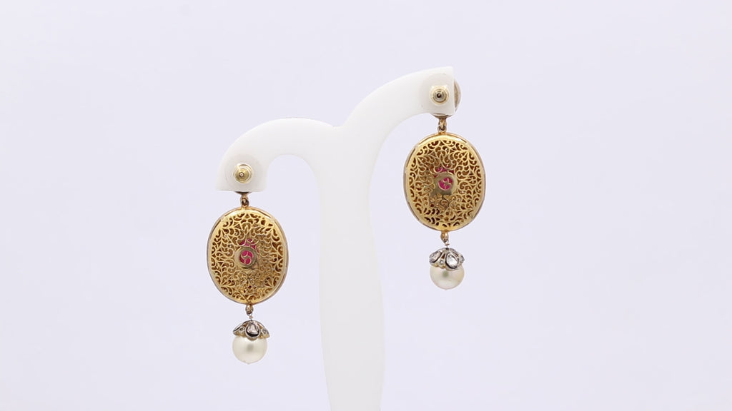 Natural Oval Cut Ruby, Pearl And Polki Diamond Gold Plated 925 Sterling Silver Drop Earing