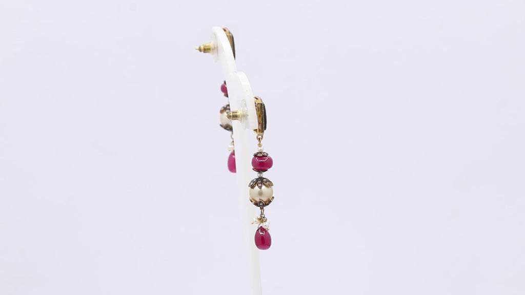 Drop Dangle Pearl Precious Ruby With Polki Diamond 925 Sterling Silver Handmade Earring