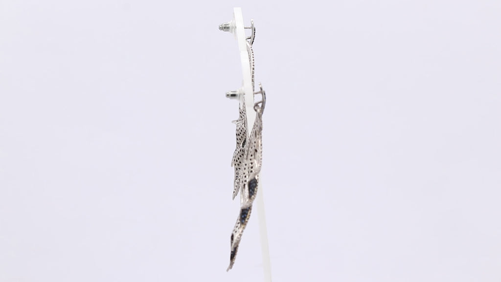 925 Sterling Silver Blue Sapphire And Diamond Angel Wings Drop And Dangle Silver Earrings