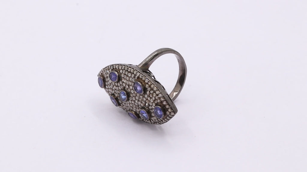 Natural Tanzanite And Diamond 925 Silver Black Rhodium Ring