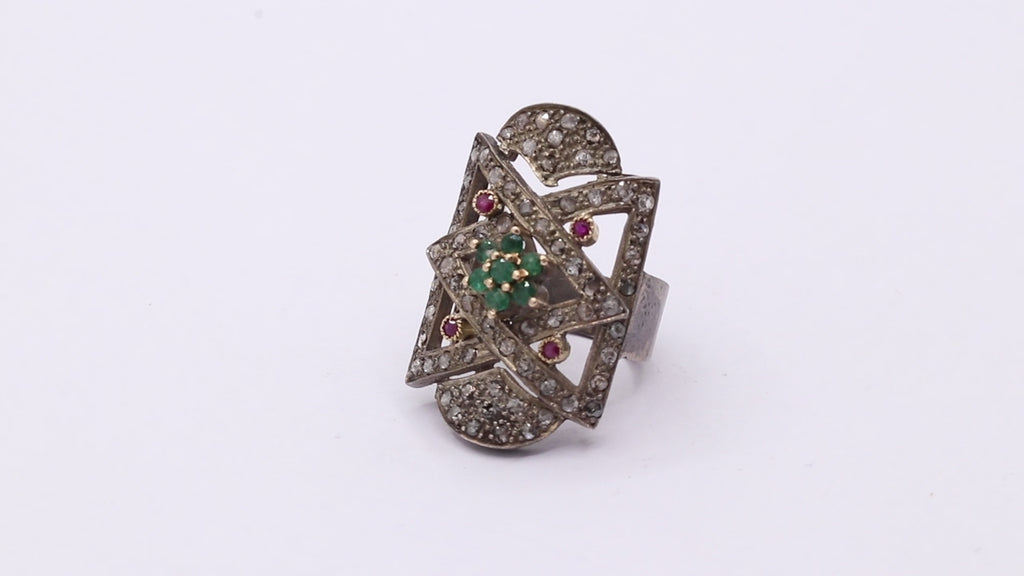 Vintage Natural Emerald, Ruby And Diamond Black Rhodium 925 Sterling Silver Ring