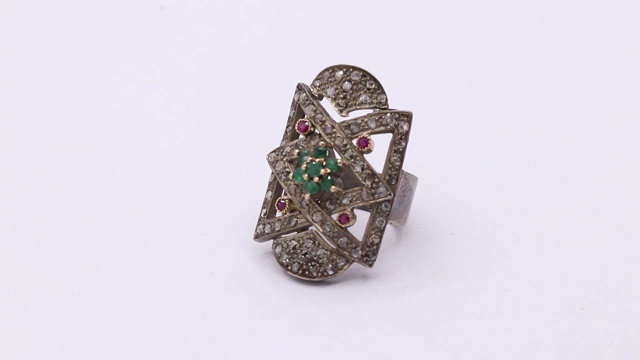 Vintage Natural Emerald, Ruby And Diamond Black Rhodium 925 Sterling Silver Ring
