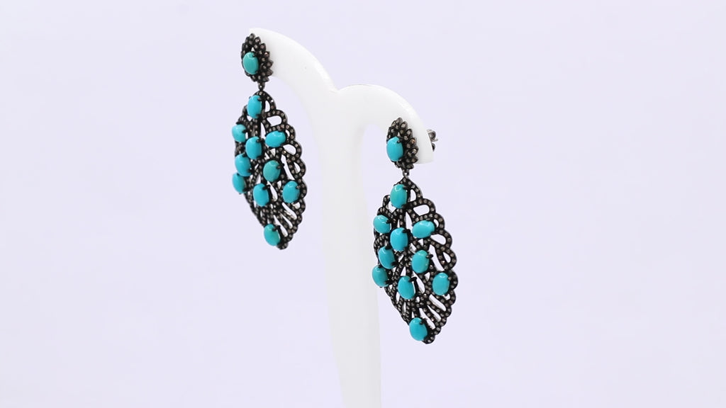 Turquoise And Diamond 925 Sterling Silver Leaf Design Drop Silver Earring