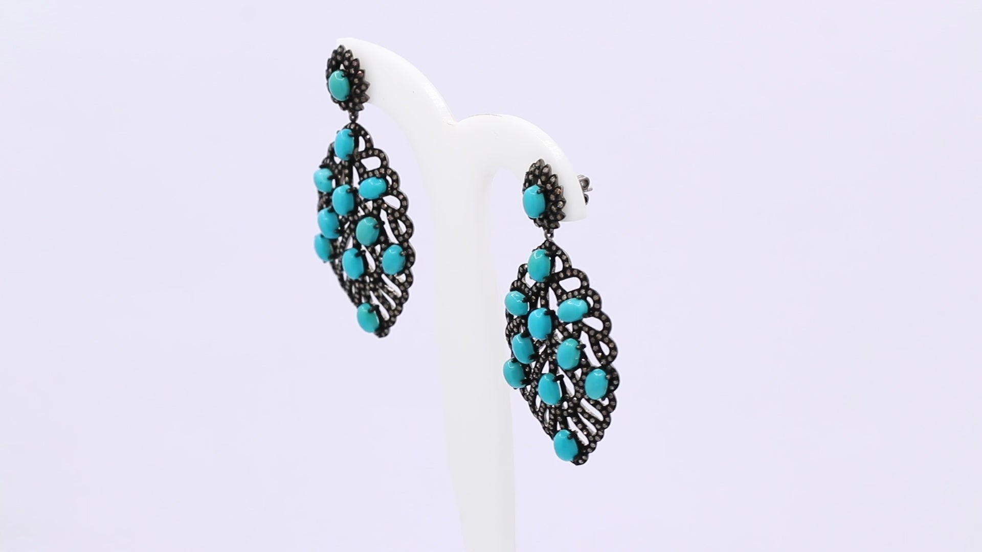 Turquoise And Diamond 925 Sterling Silver Leaf Design Drop Silver Earring