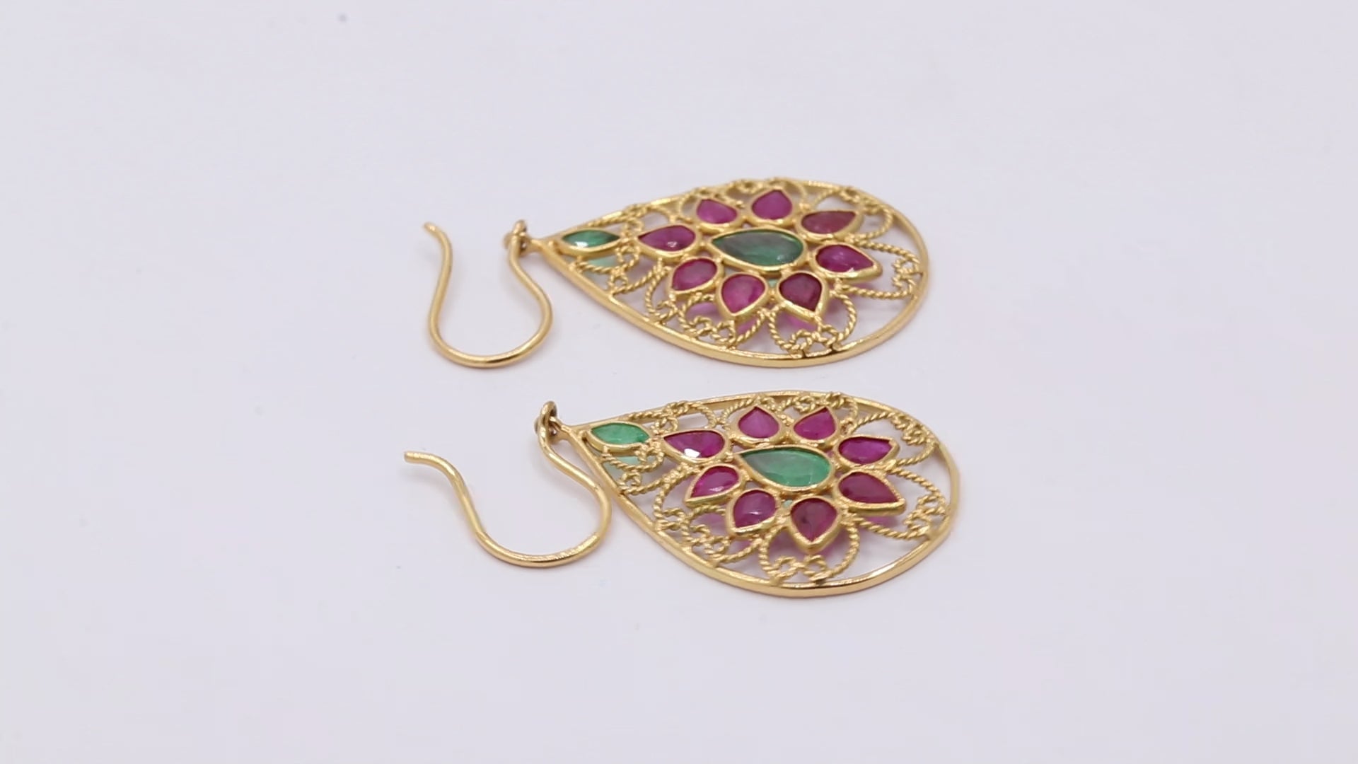 Natural Ruby And Emerald Gemstone Beautiful Earrings In 14k Gold