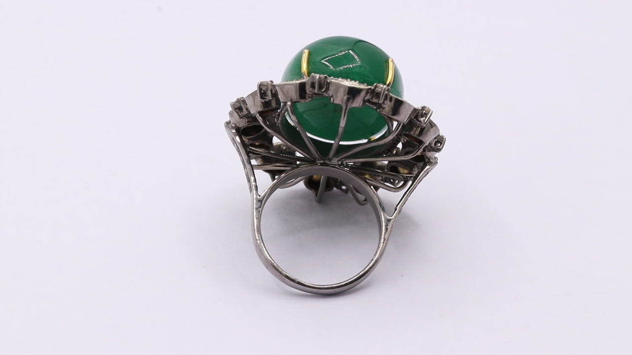 Natural Emerald Oval Cut Precious Gemstone With Polki Diamond 925 Sterling Silver Ring