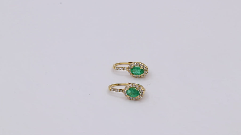 Natural Oval Cut Emerald With Diamond In 18k Yellow Gold Earrings