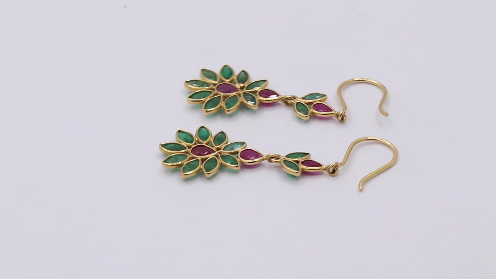 Natural Ruby And Emerald Gemstone 18k Gold Drop Earring