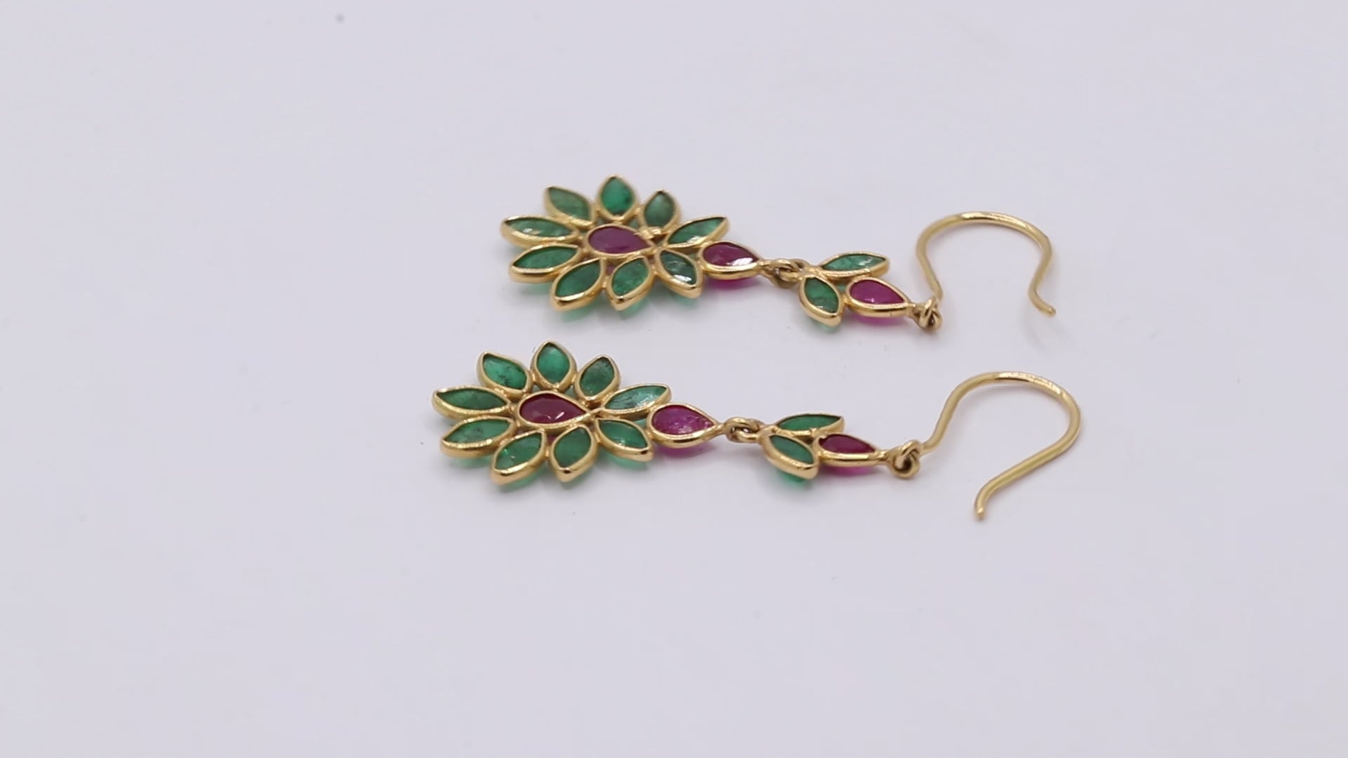 Natural Ruby And Emerald Gemstone 18k Gold Drop Earring