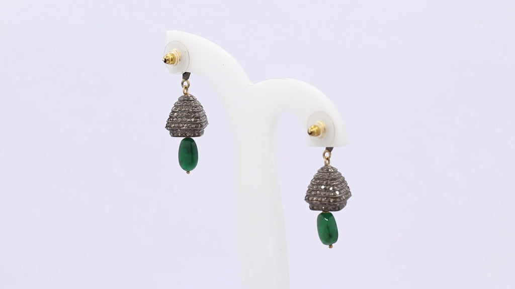 Natural Emerald And Diamond 925 Sterling Silver Drop Earrings