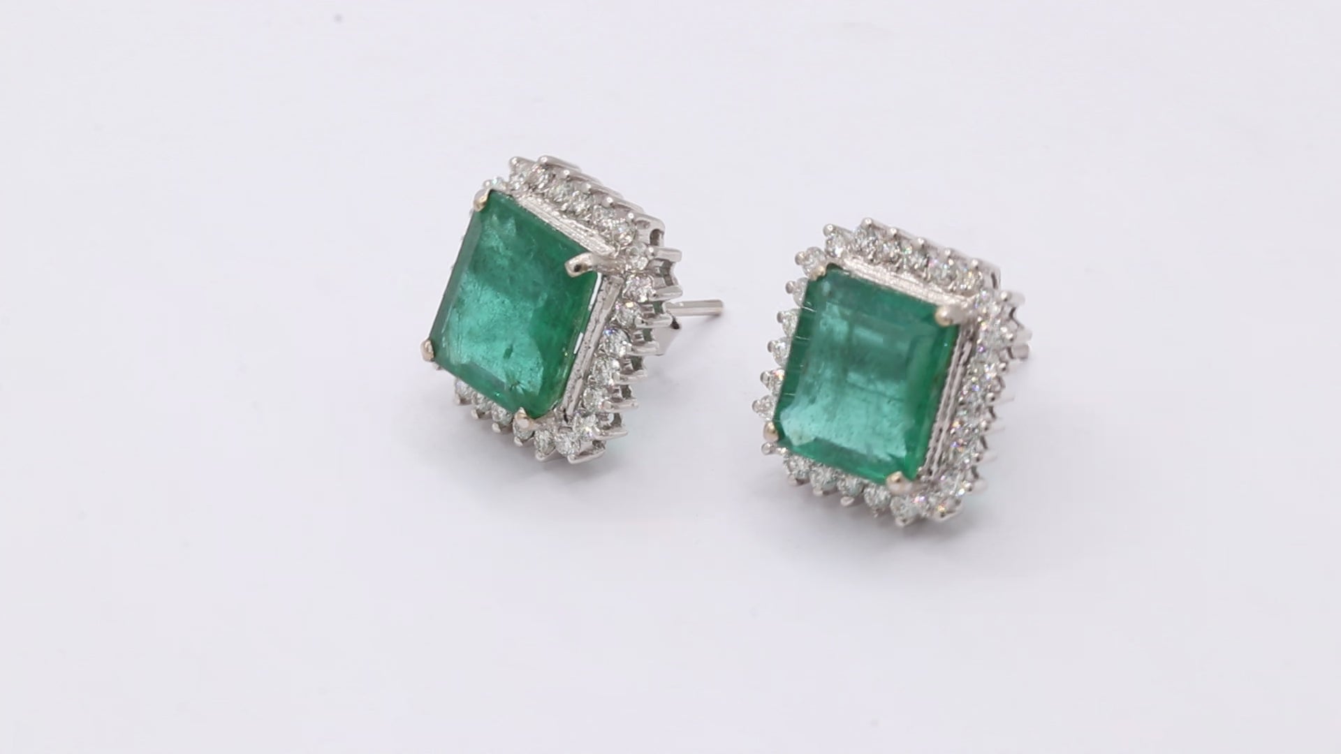 Natural Emerald Square Cut And Diamond 18k White Gold Stud Earrings