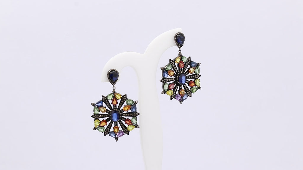 Natural Multi Sapphire And Diamond 925 Sterling Silver Beautiful Drop Earring