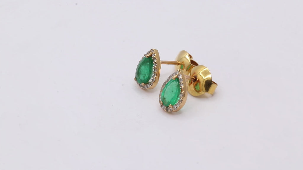 Pear Shaped Natural Emerald And Diamond Stud Earrings In 18k Yellow Gold