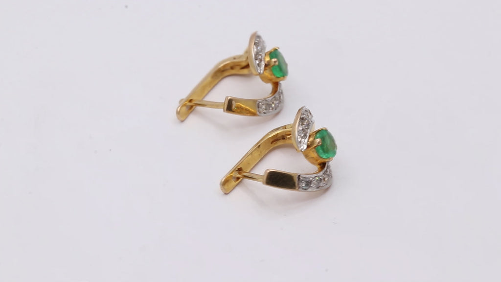18k Yellow Gold Natural Emerald And Diamond Designer Stud Earrings