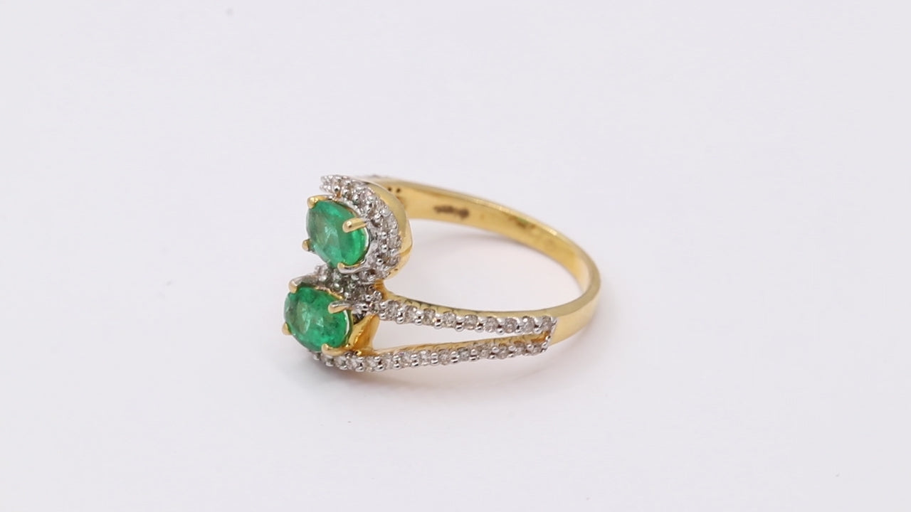 Natural Oval Emerald And Diamond 18k Yellow Gold Designer Ring