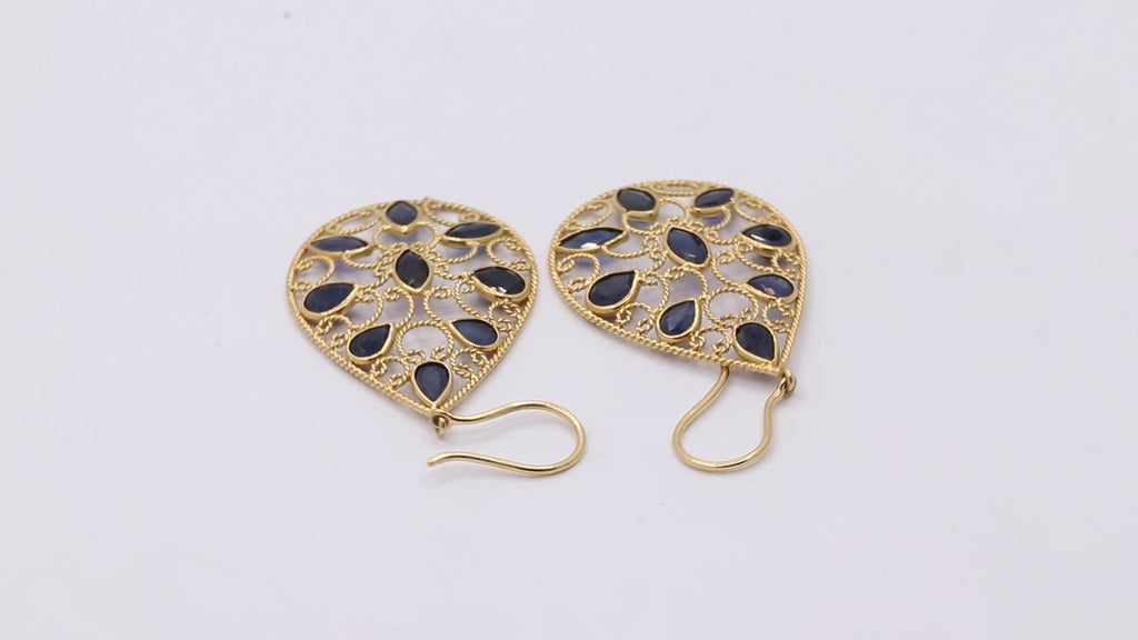 18k Gold Natural Blue Sapphire Gemstone Drop Dangle Earrings