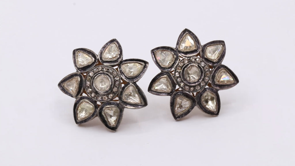 Polki Diamond Floral Design 925 Sterling Silver Gold Plated Stud Earring