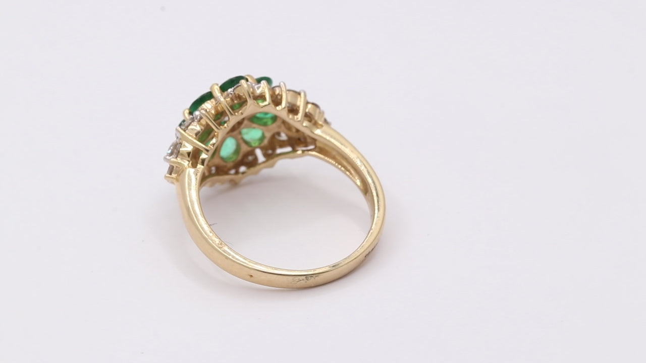Beautiful Floral Shaped Natural Emerald And Diamond Yellow Gold Ring 14k Yellow Gold