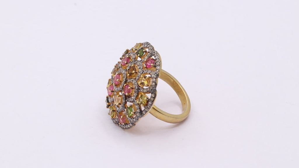 Beautiful Multi Tourmaline & Diamond 925 Silver Gold Plated Handmade Ring