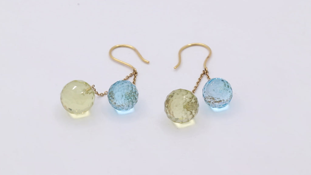 Natural Blue Topaz And Lemon Quartz Ball Shaped Gemstone Earring In 18k Yellow Gold