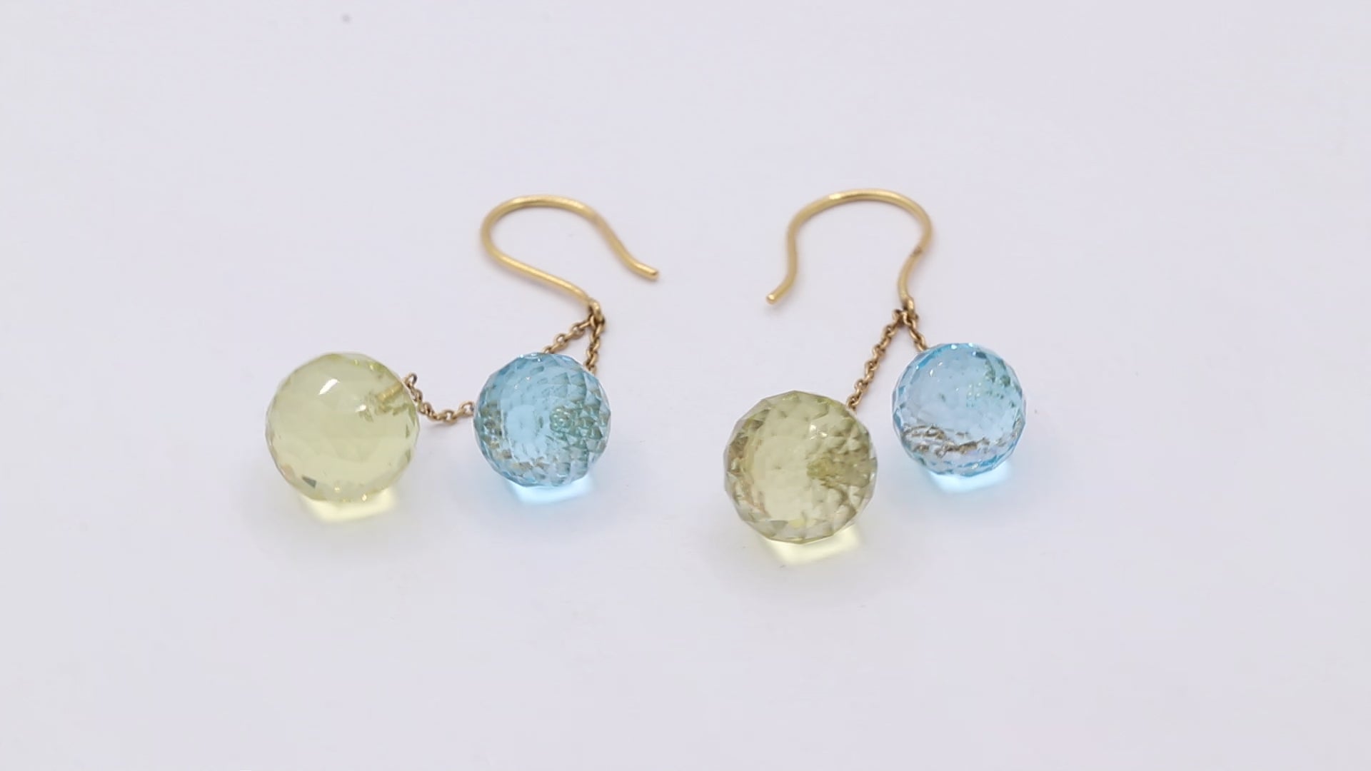 Natural Blue Topaz And Lemon Quartz Ball Shaped Gemstone Earring In 18k Yellow Gold