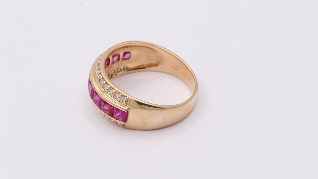 Natural Ruby And Diamond Yellow Gold Band Ring In 14k Yellow Gold