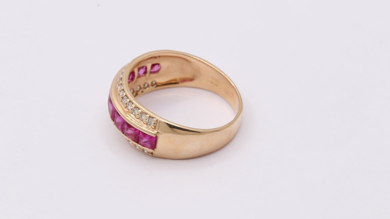 Natural Ruby And Diamond Yellow Gold Band Ring In 14k Yellow Gold