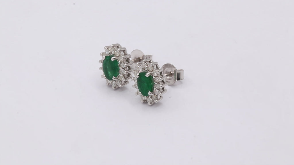 18k Yellow Gold Natural Oval Emerald With Diamond Stud Earrings