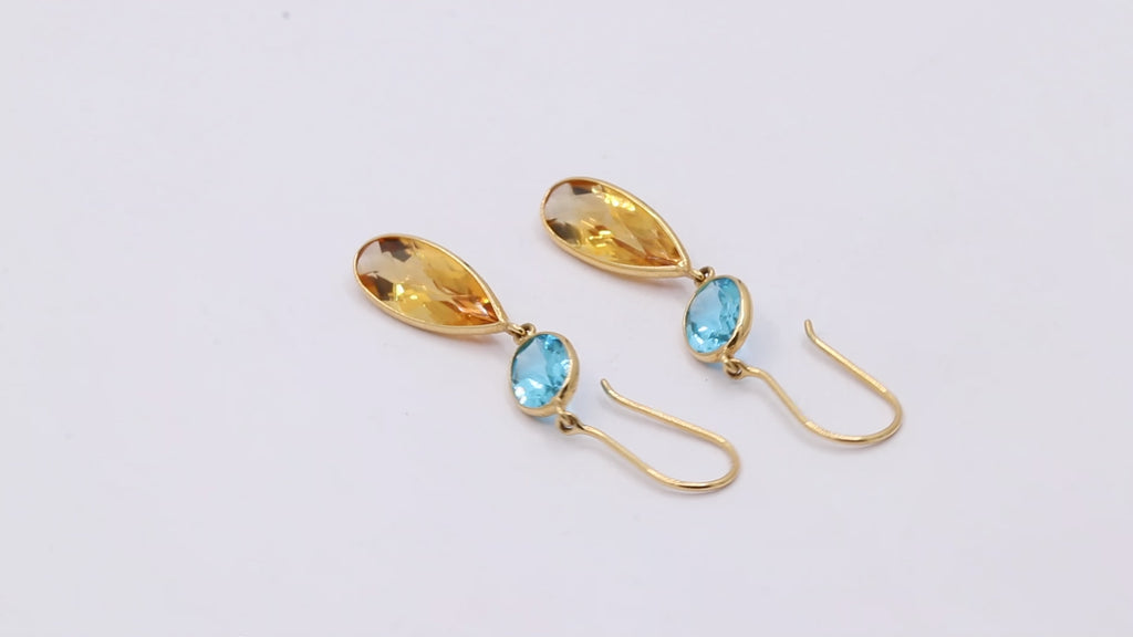 Natural Citrine And Blue Topaz Gemstone Drop Earring in 18K Gold