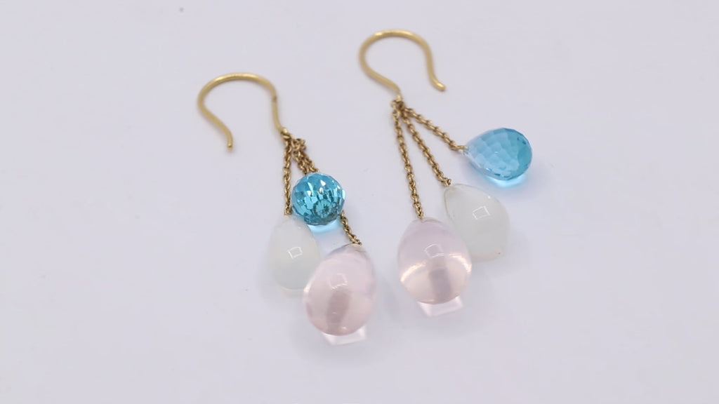 Natural Rose Quartz, Cat's Eye And Blue Topaz Gemstone Earrings In 14k Yellow Gold