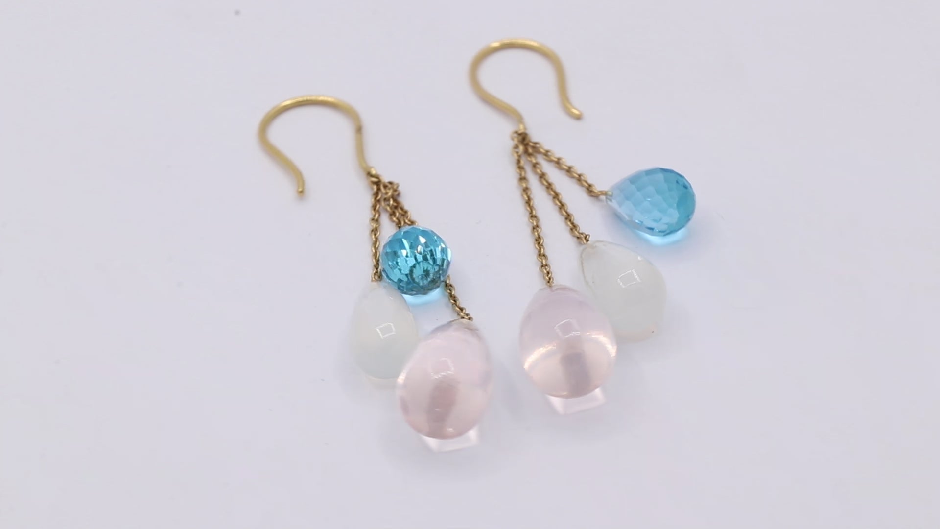 Natural Rose Quartz, Cat's Eye And Blue Topaz Gemstone Earrings In 14k Yellow Gold