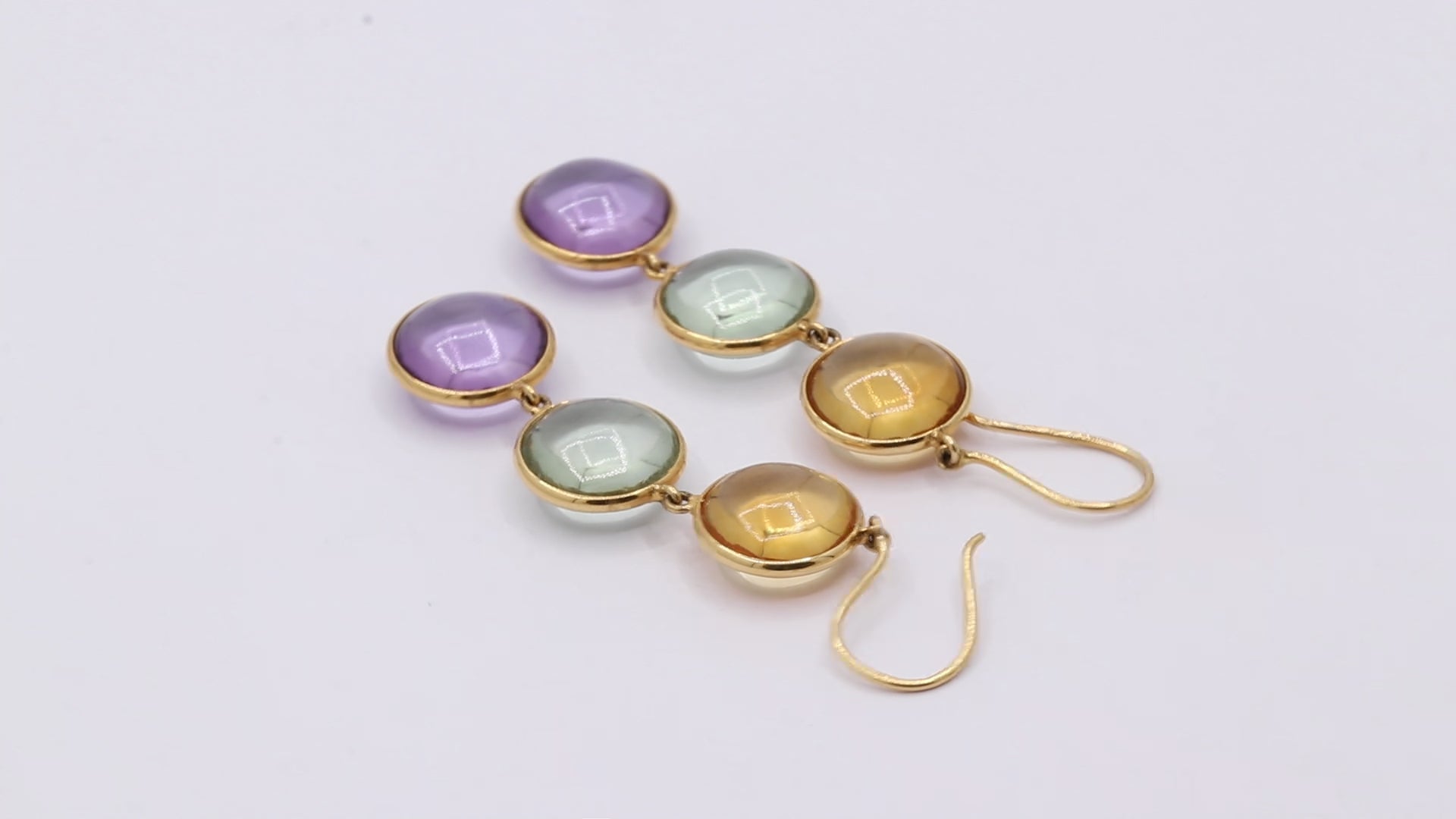 Natural Round Citrine, Green Amethyst, Amethyst Gemstone Drop Earrings In 18k Gold