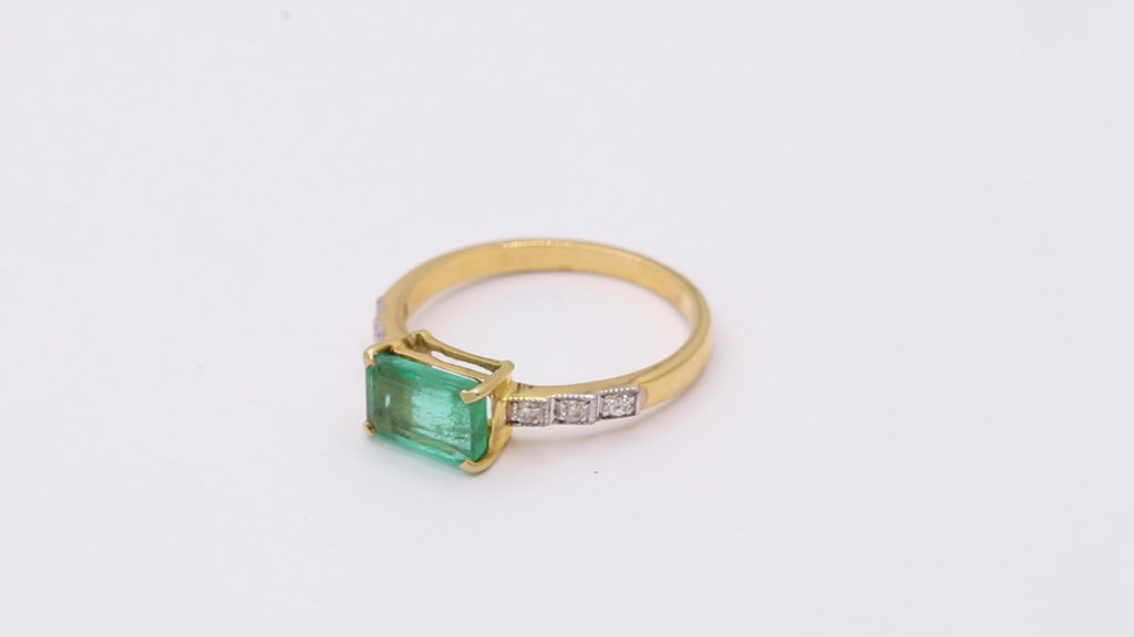 Natural Emerald With Diamond Ring In 18k Yellow Gold