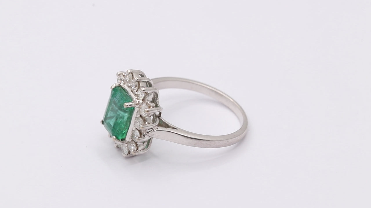 Natural Emerald With Diamond White Gold Ring In 18k White Gold