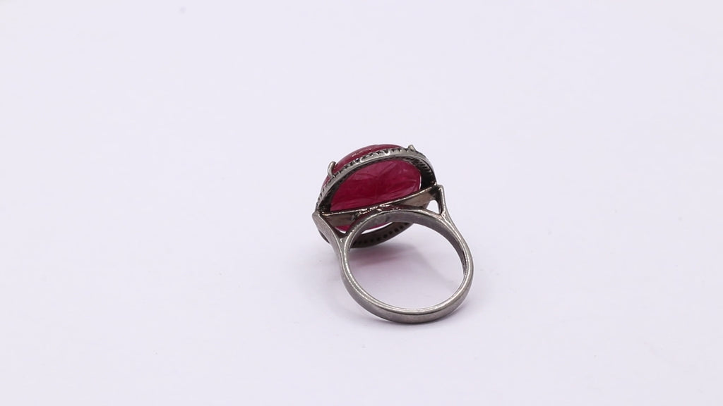 Carved Natural Ruby With Diamond Black Rhodium 925 Silver Ring