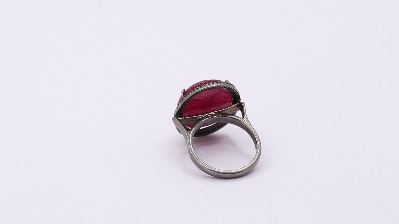 Carved Natural Ruby With Diamond Black Rhodium 925 Silver Ring