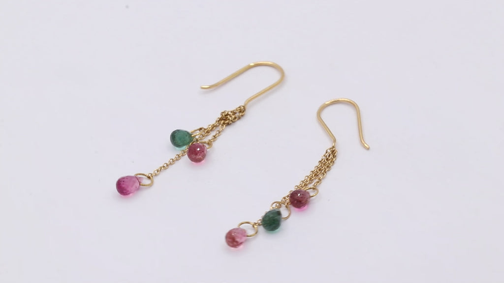 Natural Multi Tourmaline Gemstone Drop Handmade Earrings In 18k Gold