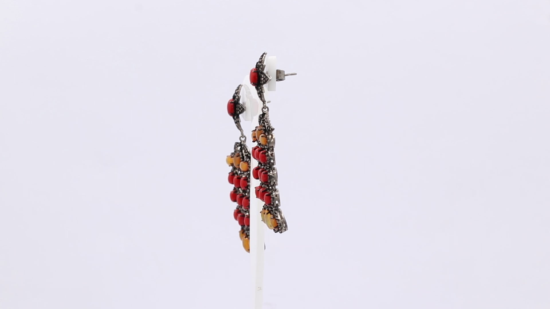 Natural Coral, Opal Gemstone And Diamond 925 Sterling Silver Drop Earrings