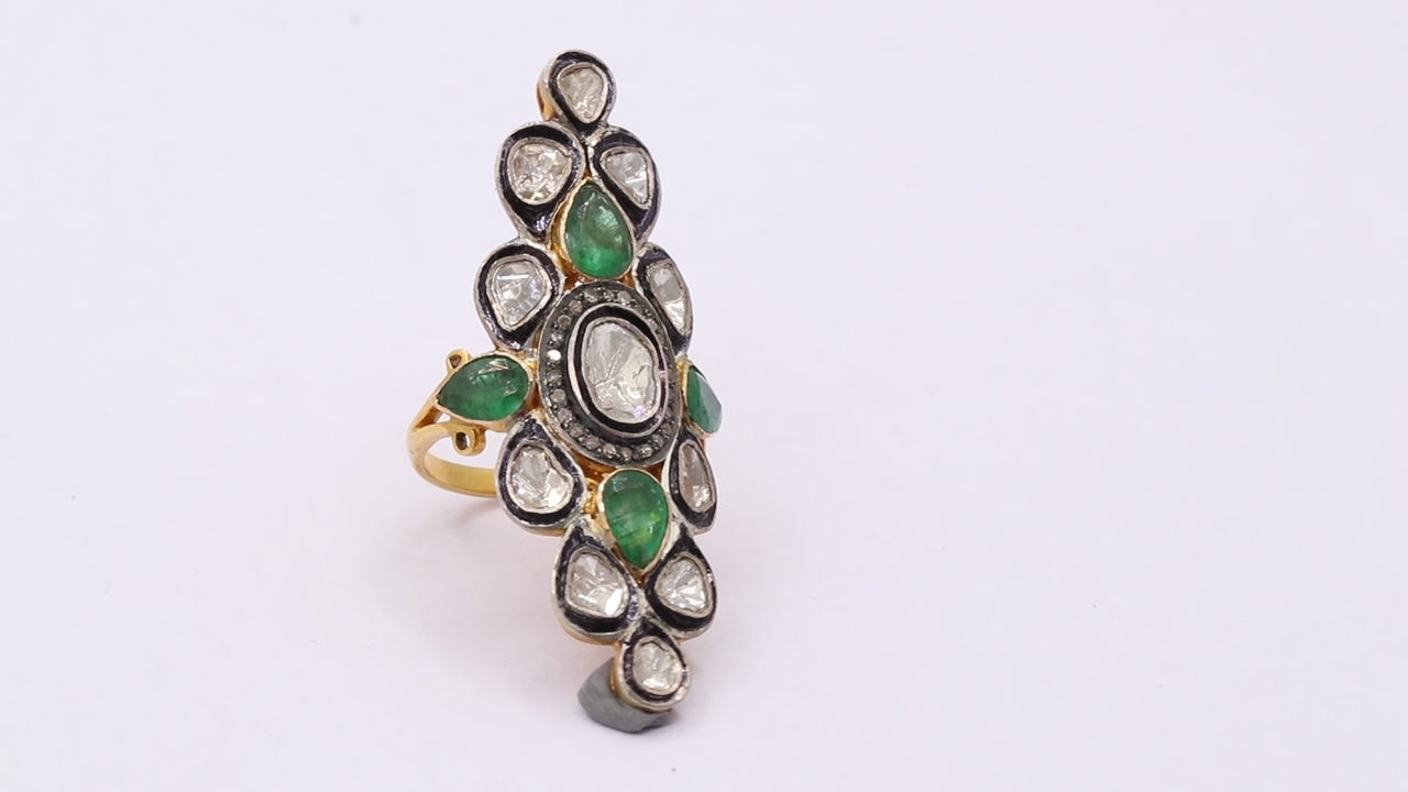 Natural Emerald & Polki Diamond 925 Sterling Silver Handmade Gold Plated Ring