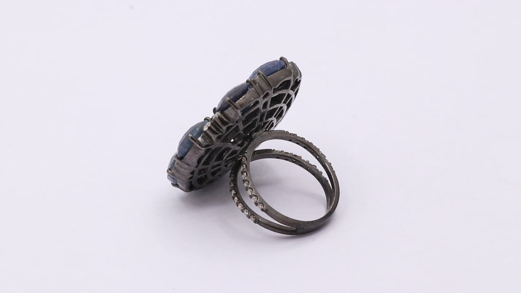 Natural Blue Sapphire With Diamond 925 Sterling Silver Black Rhodium Ring