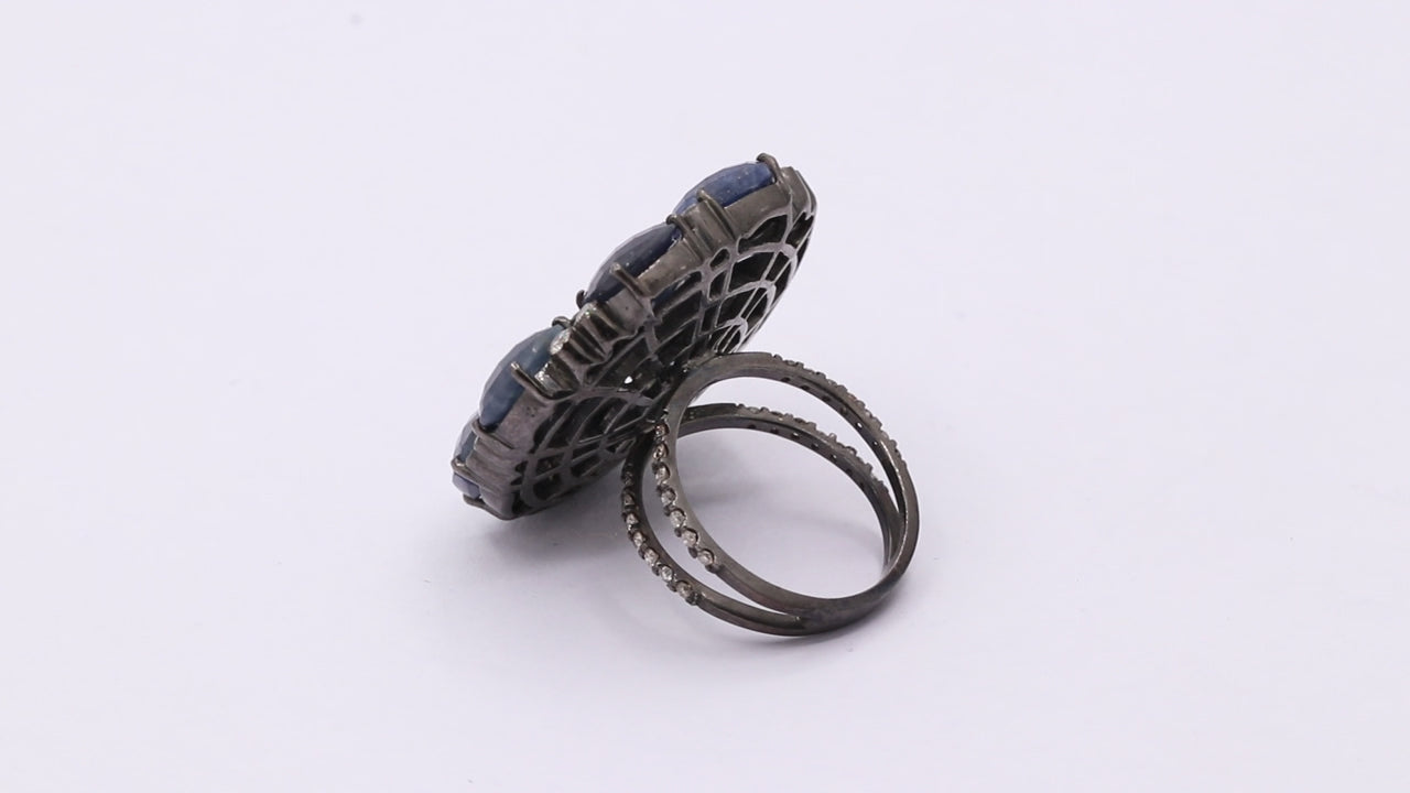 Natural Blue Sapphire With Diamond 925 Sterling Silver Black Rhodium Ring